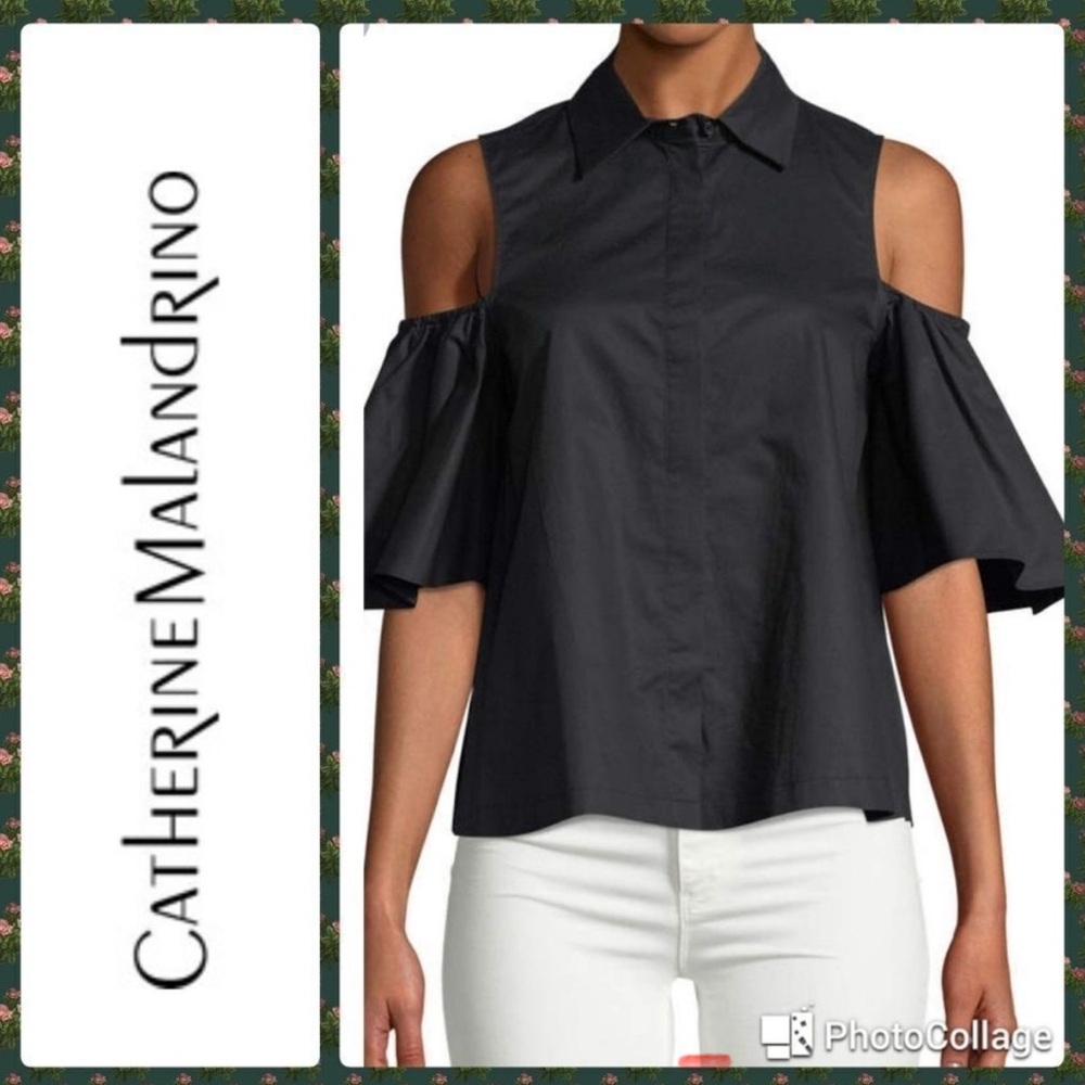 Catherine Malandrino Black Cold Shoulder Button Up Top Blouse Small‎ S